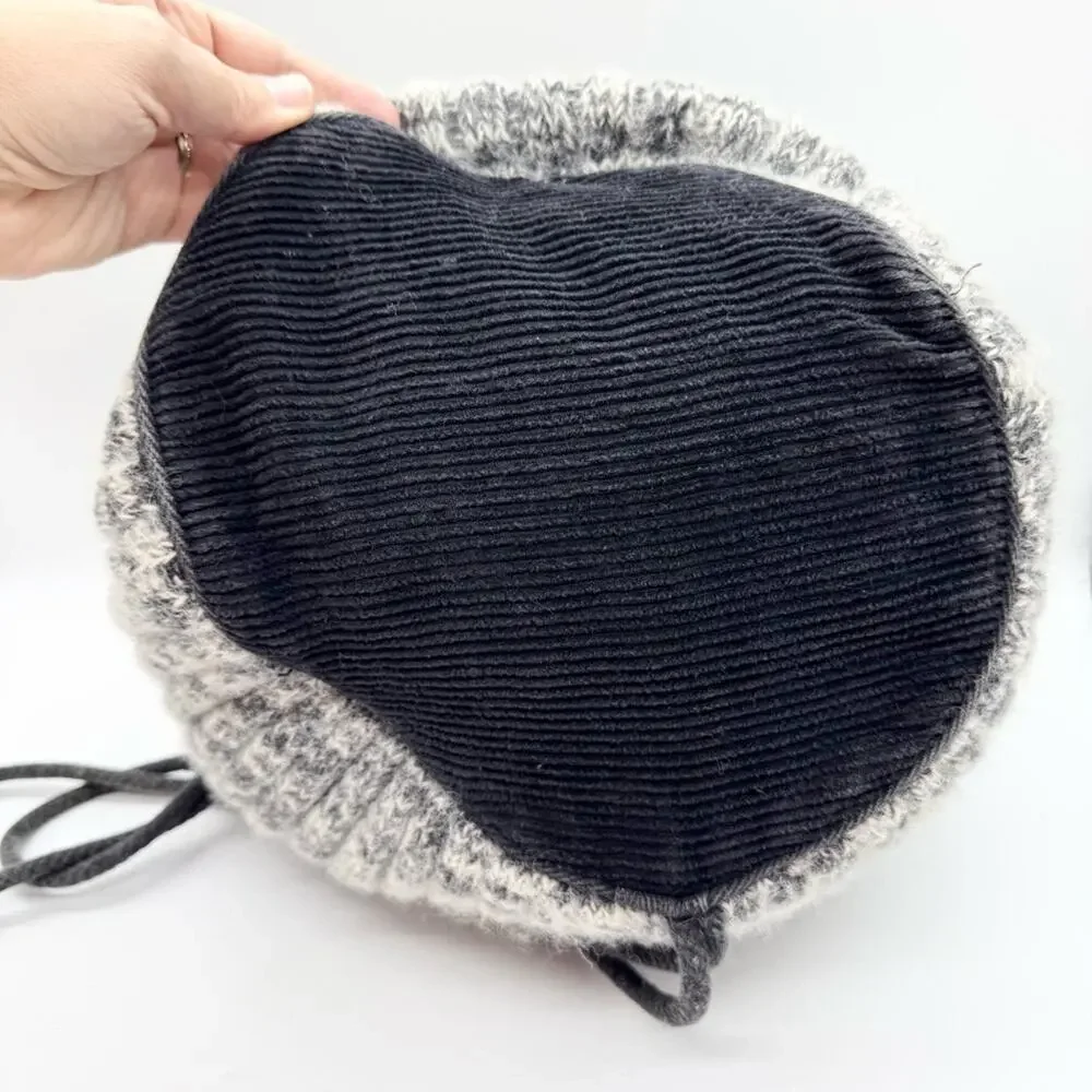 Y2K Artsy Boho‎ Hippie Knit Wool Drawstring Backpack Bag Grey/Black - Medium